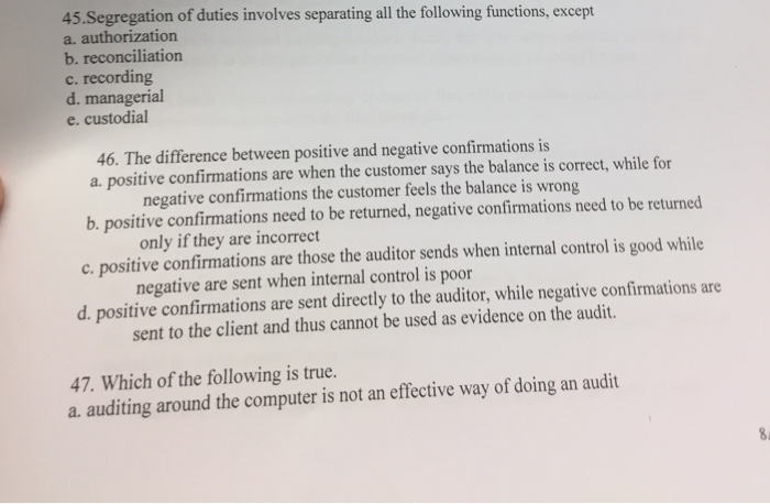  45. Segregation of duties involves separating all the following functions, except