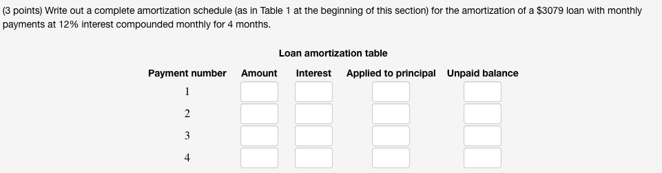 3 points) Write out a complete amortization schedule (as in Table