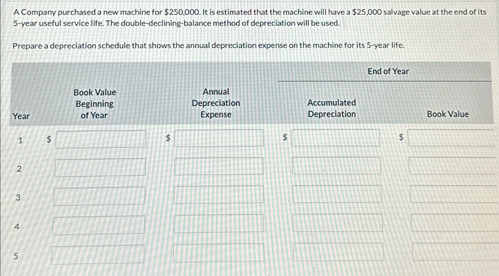  A Company purchased a new machine for $250,000. It is estimated