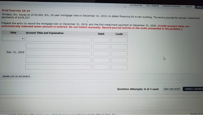  CALCULATOR FULL SCREEN PRINTER VERSION BACK M E Brief Exercise 10-14