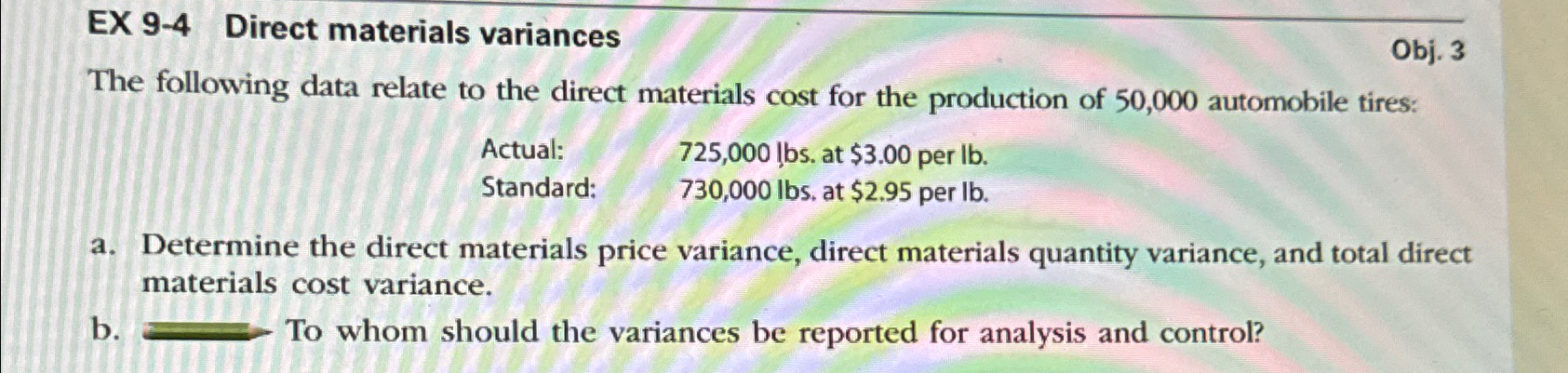  EX 9-4 Direct materials variances Obj. 3 The following data relate
