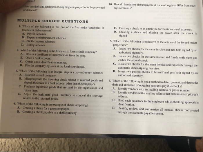 Dictitious expen schemes? 10. How do firulent disbursements at the cash register