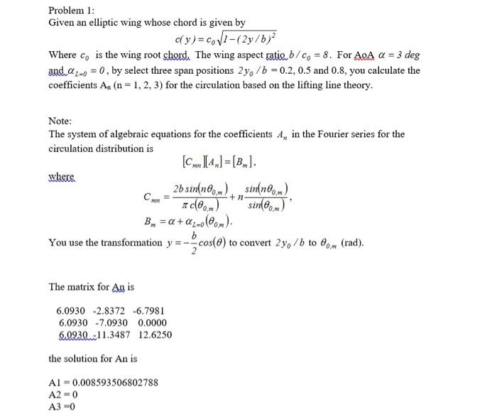  Problem 1: Given an elliptic wing whose chord is given by