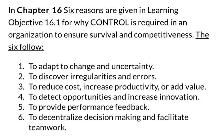  please answer all 4 Qeustions In Chapter 16 Six reasons are