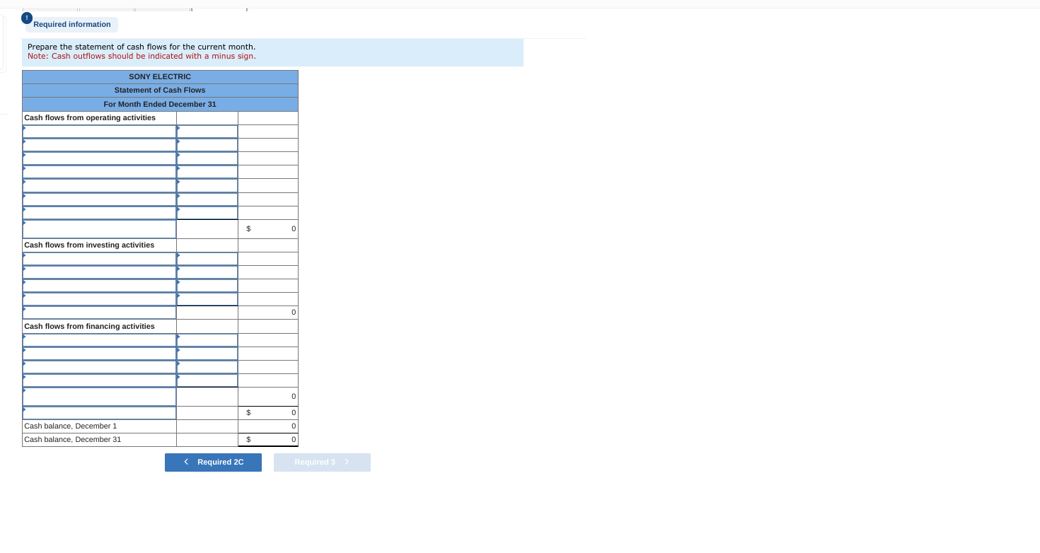 Prepare the statement of cash flows for the current month. Note:
