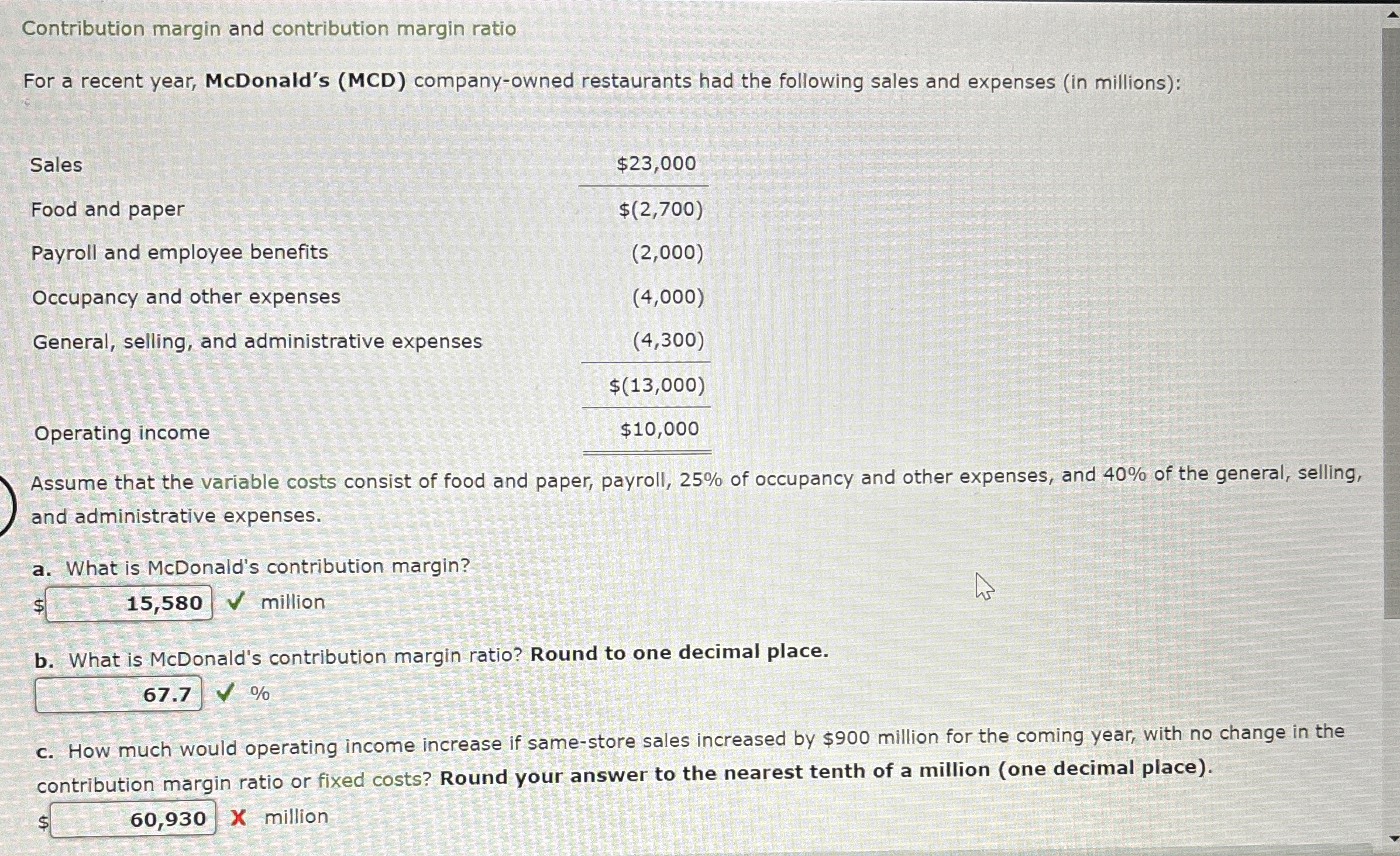  Contribution margin and contribution margin ratio For a recent year, McDonald's