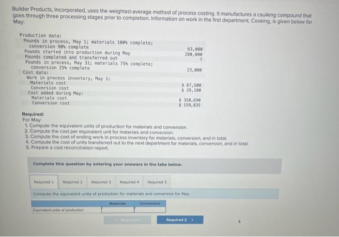  Builder Products, Incorporated, uses the weighted-average method of process costing. It