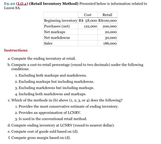  E9.20 ( LO4) (Retail Inventory Method) Presented below is information related