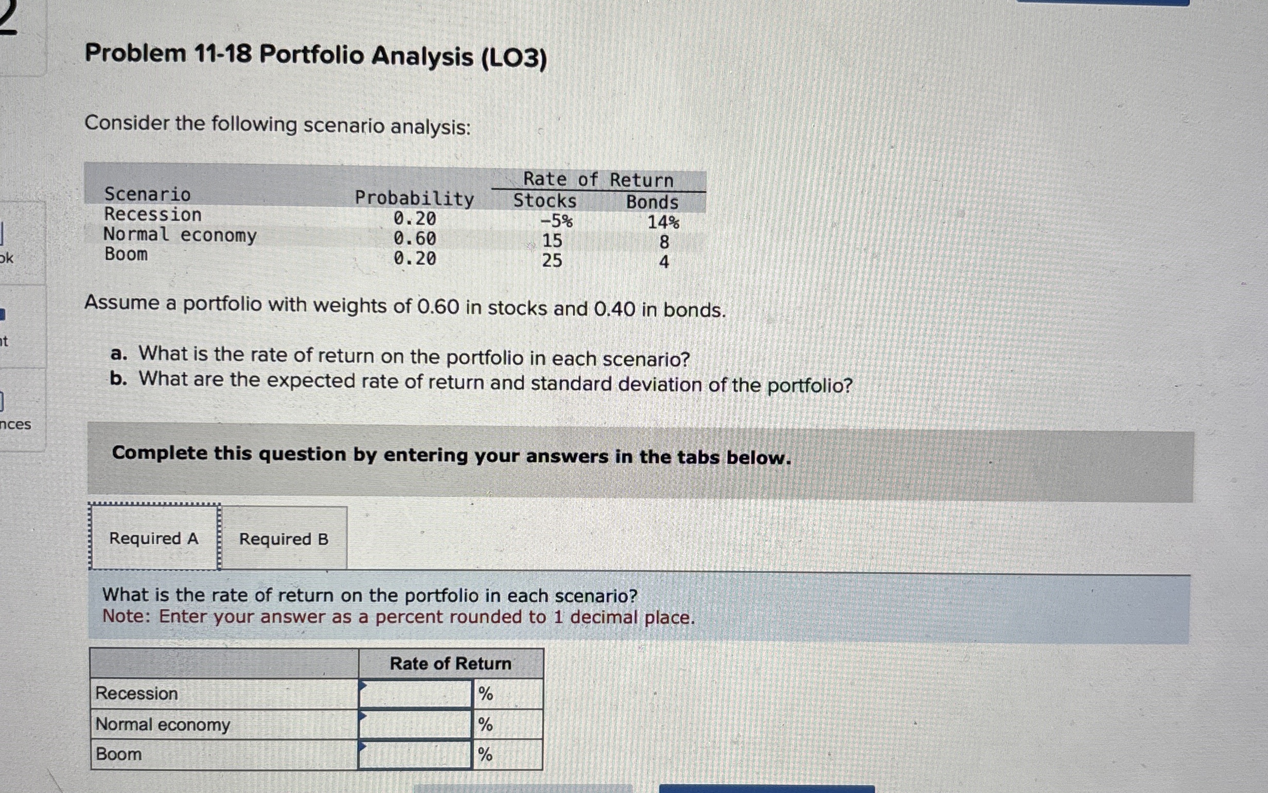  Problem 11-18 Portfolio Analysis (LO3) Consider the following scenario analysis: \table[[,,Rate