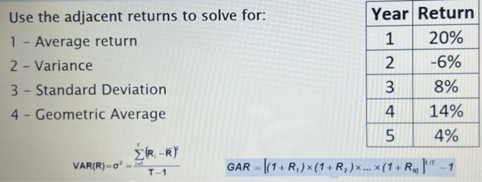  Use the adjacent returns to solve for: 1 - Average return