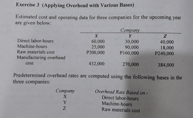  Exercise 3 (Applying Overhead with Various Bases) are given below: Company