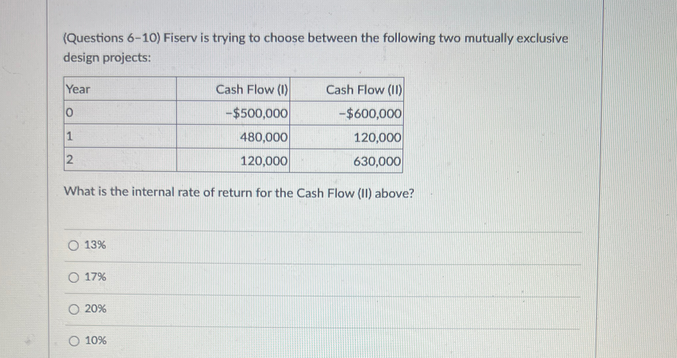  (Questions 6-10) Fiserv is trying to choose between the following two