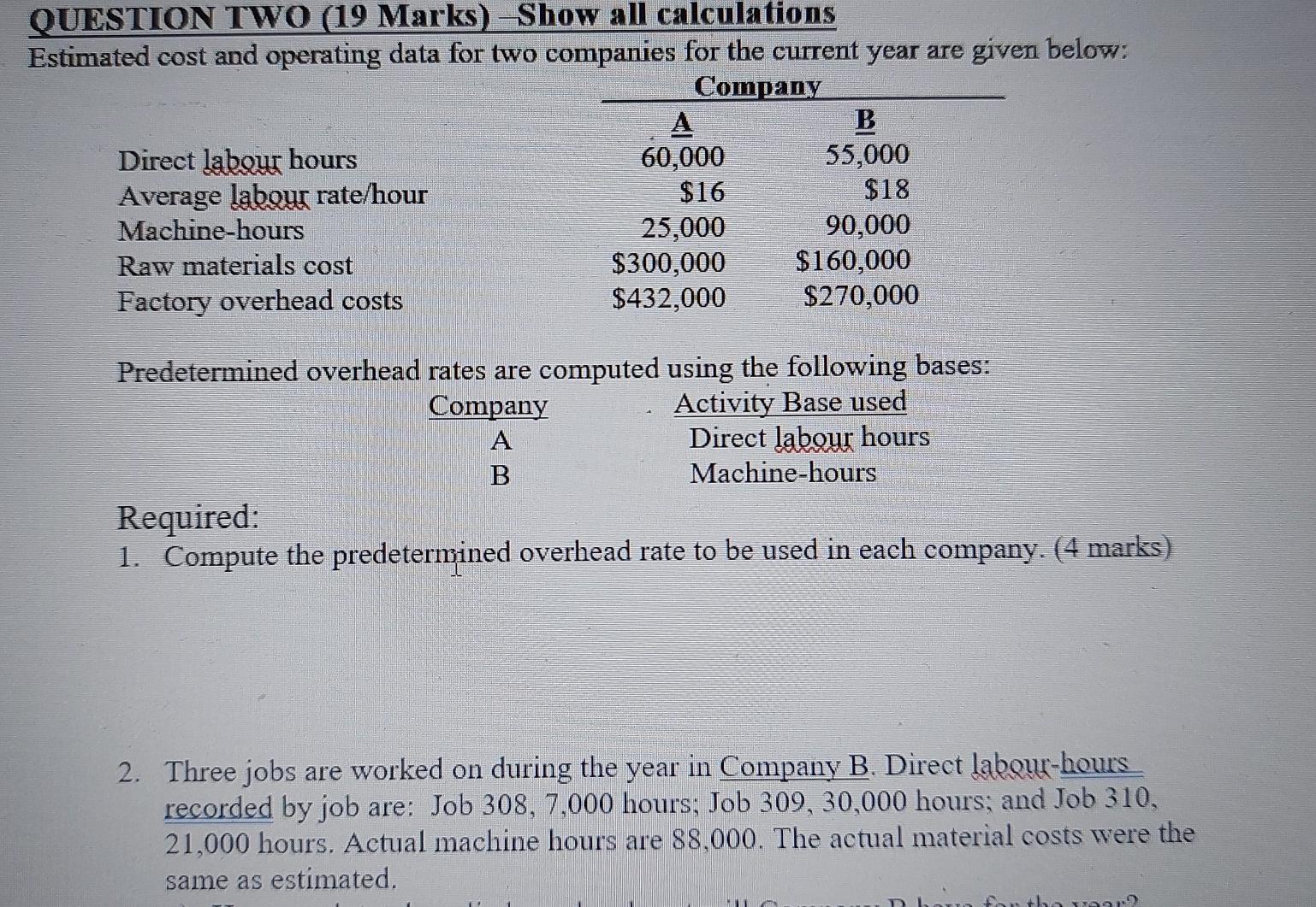  QUESTION TWO (19 Marks) Show all calculations Estimated cost and operating
