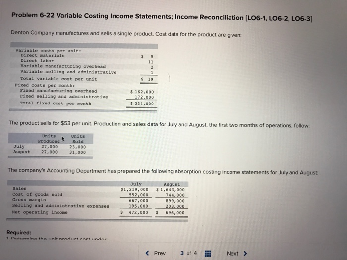  Use photo below to answer question Problem 622 Variable Costing Income