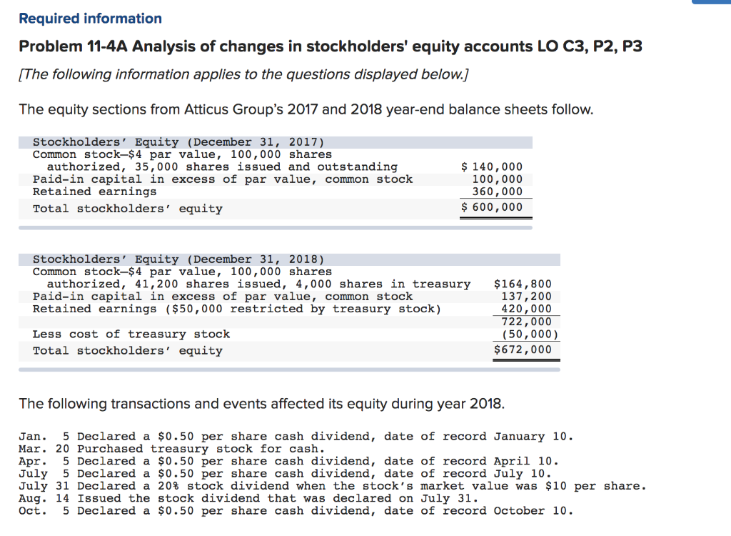  Required information Problem 11-4A Analysis of changes in stockholders' equity accounts