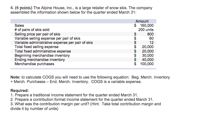  4. (6 points) The Alpine House, Inc., is a large retailer