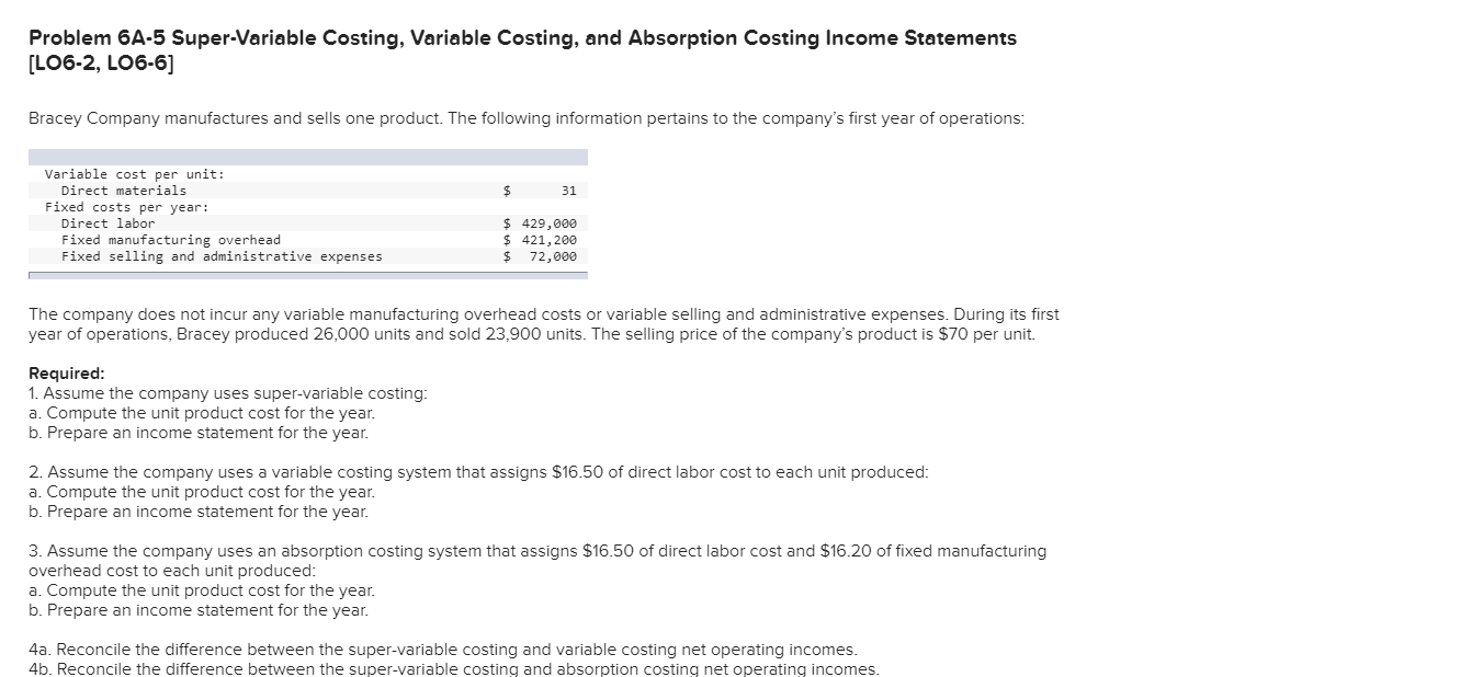  Problem 6A-5 Super-Variable Costing, Variable Costing, and Absorption Costing Income Statements