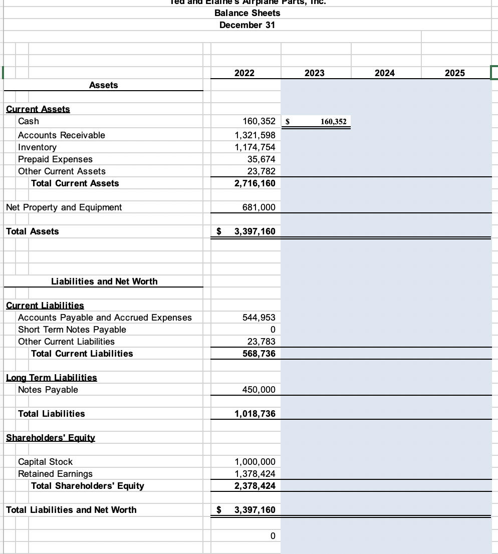 forecasting template which includes the 2022 financial statements for Ted and Elaines