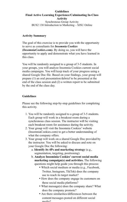  Guidelines Final Active Learning Experience/Culminating In-ClassActivity Synchronous Group Activity BUS2 130