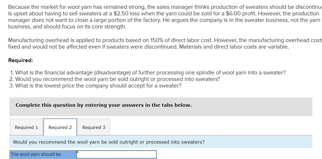 about having to sell sweaters at a $2.50 loss when the yarn