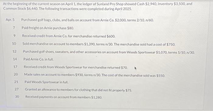 Journalize the April transactions using a perpetual inventory system At the beginning