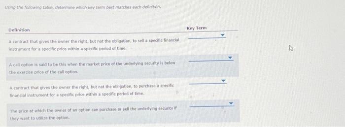  Using the following table, determine which key term best matches each