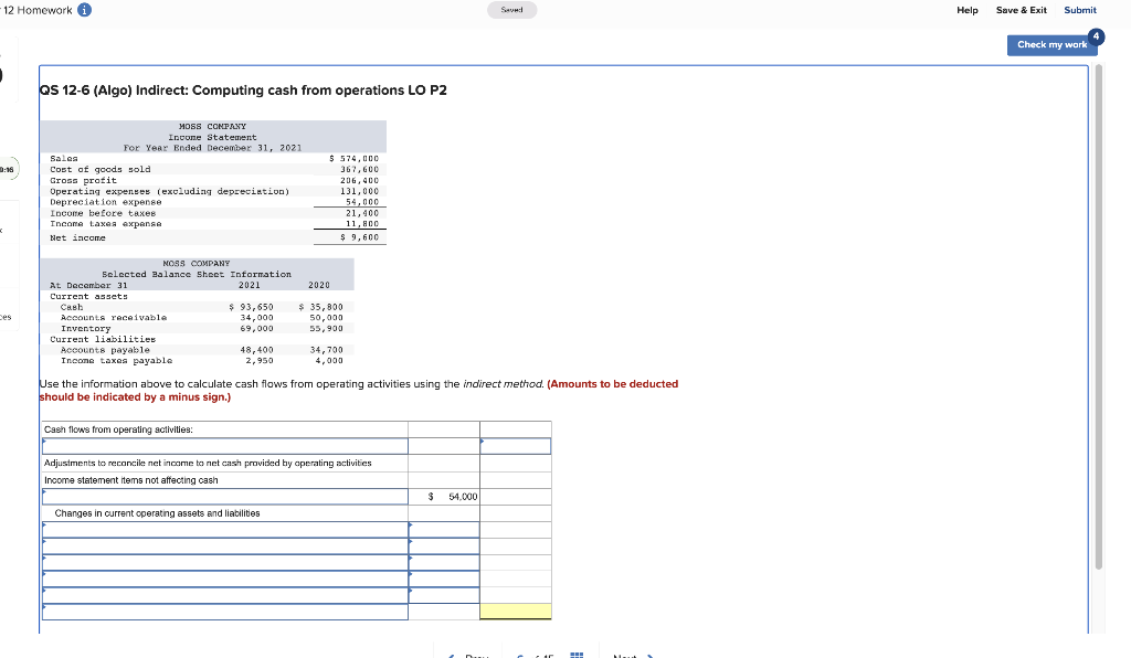 QS 12-6 (Algo) Indirect: Computing cash from operations LO P2 Jse