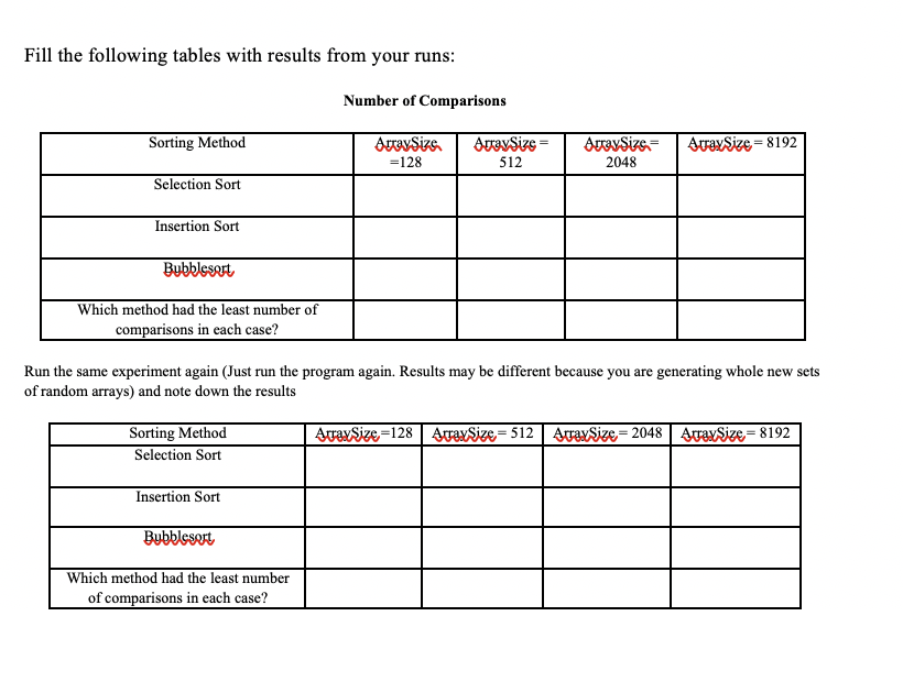 JAVA Objective: Sorting Algorithms (first set) comprehension Here is the code for