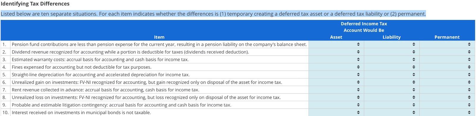  Identifying Tax Differences Listed below are ten separate situations. For each