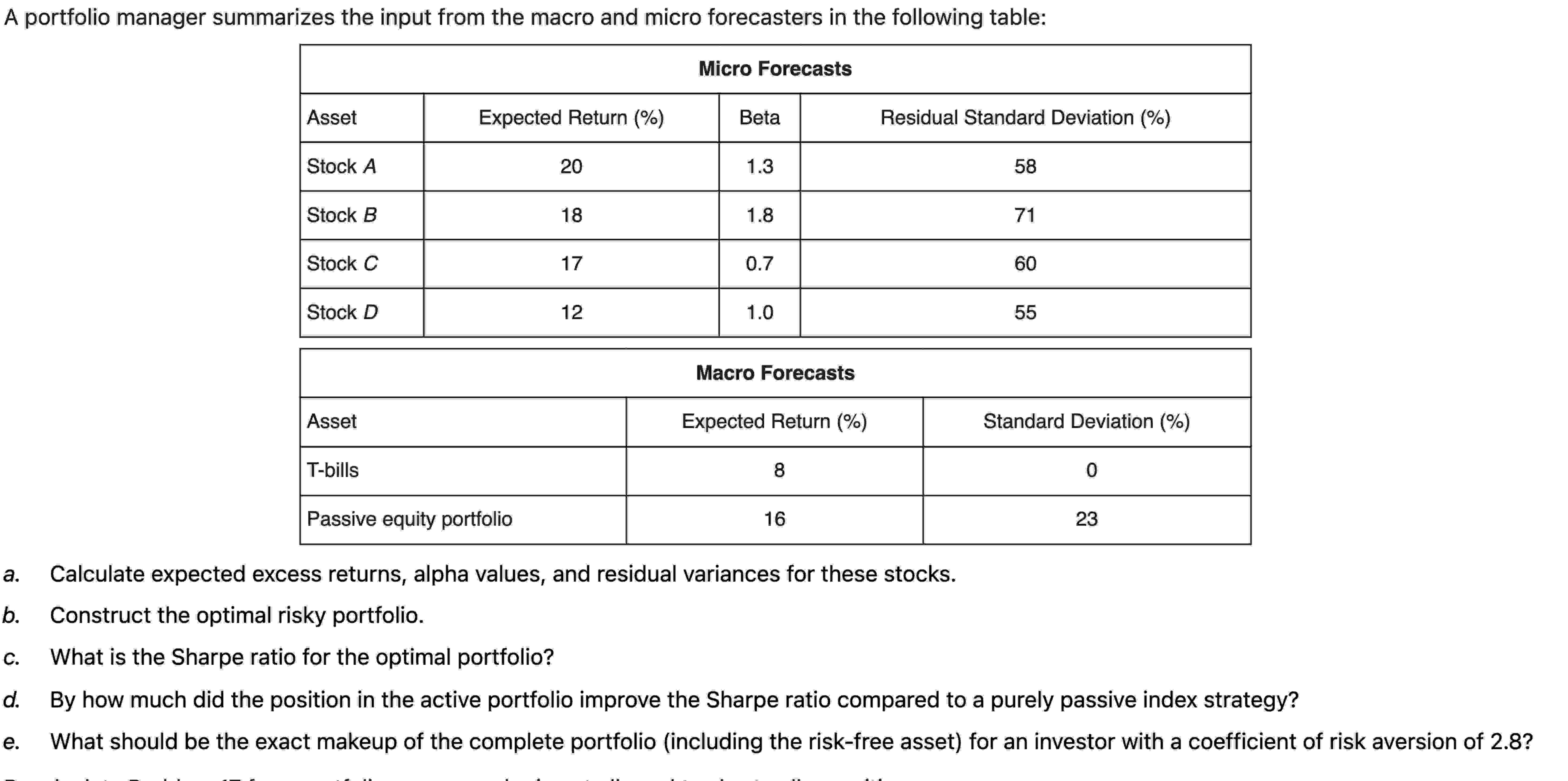  Calculate expected alpha values for Stocks A and B. A portfolio