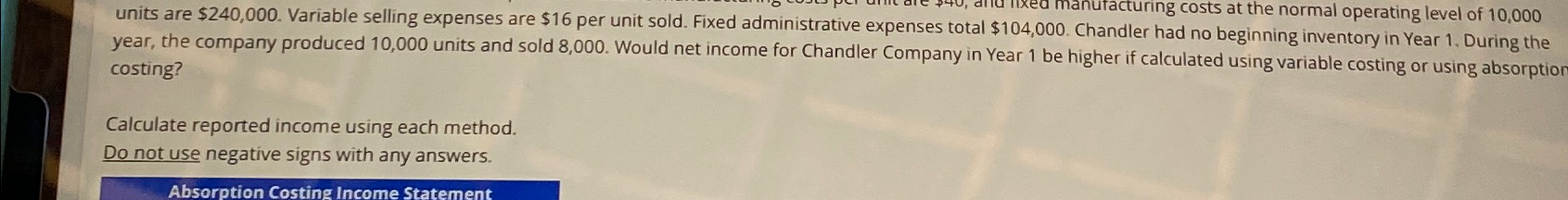  units are $240,000. Variable selling expenses are $16 per unit sold.