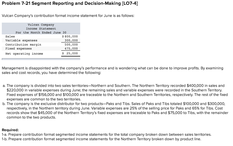  Problem 7-21 Segment Reporting and Decision-Making [LO7-4] Vulcan Company's contribution format