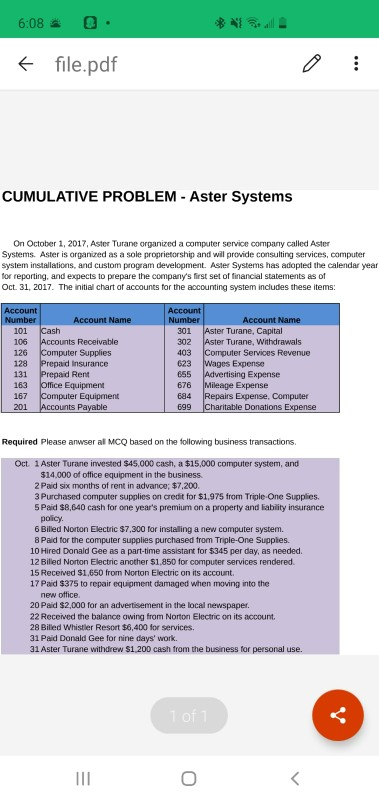  6:08 *Stail file.pdf CUMULATIVE PROBLEM - Aster Systems On October 1,