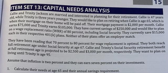  15 ITEM SET 13: CAPITAL NEEDS ANALYSIS Callie and Trinity Jackson