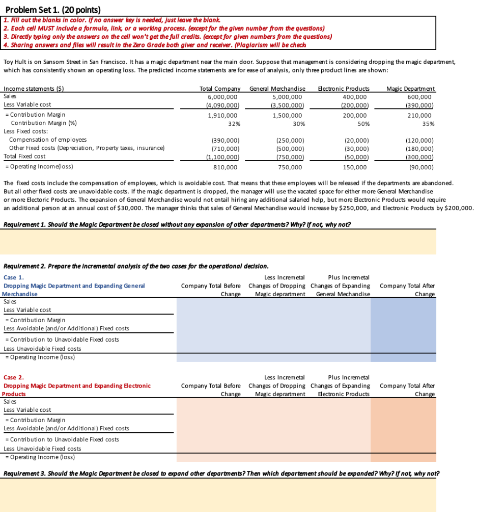  Problem Set 1. (20 points) 1. Fill out the blanks in