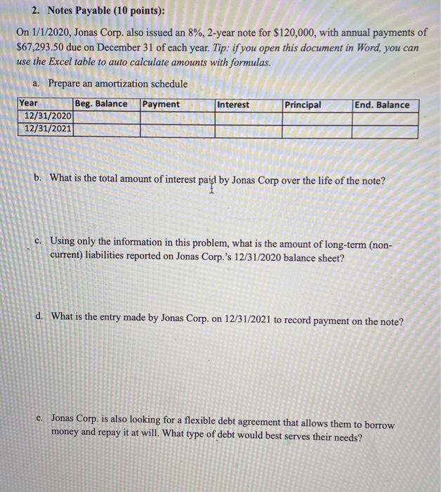 notes payable 2. Notes Payable (10 points): On 1/1/2020, Jonas Corp. also