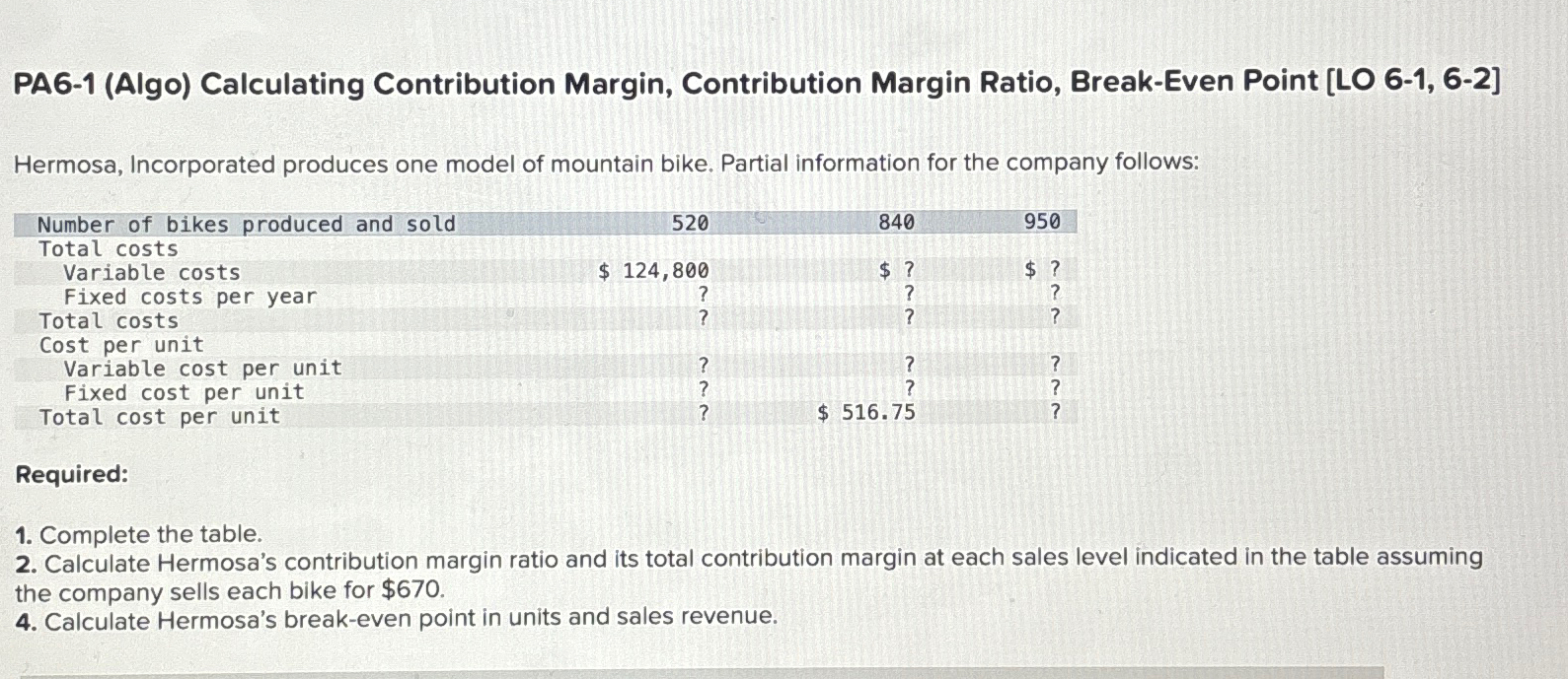  PA6-1(Algo) Calculating Contribution Margin, Contribution Margin Ratio, Break-Even Point [LO 6-1,6-2]