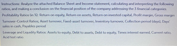  Instructions: Analyze the attached Balance Sheet and Income statement, calculating and