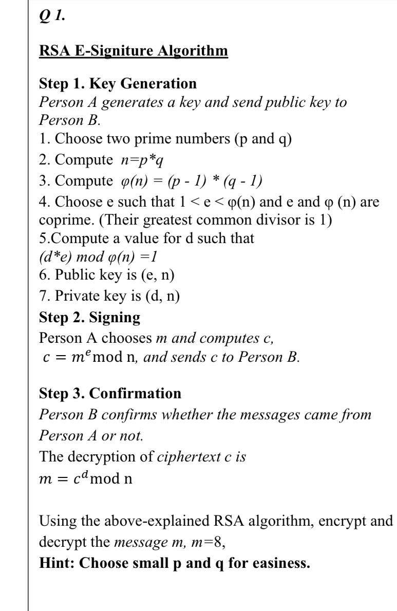 Q1. RSA E-Signiture Algorithm Step 1. Key Generation Person A generates