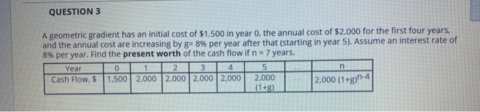  QUESTION 3 A geometric gradient has an initial cost of $1,500