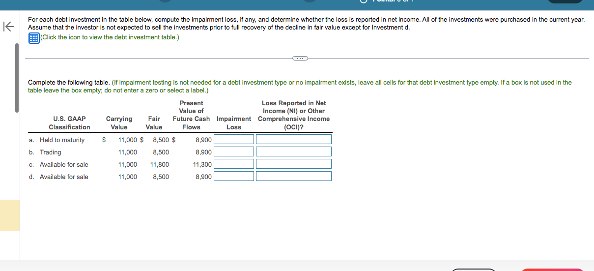  For each debt investment in the table below, compute the impairment