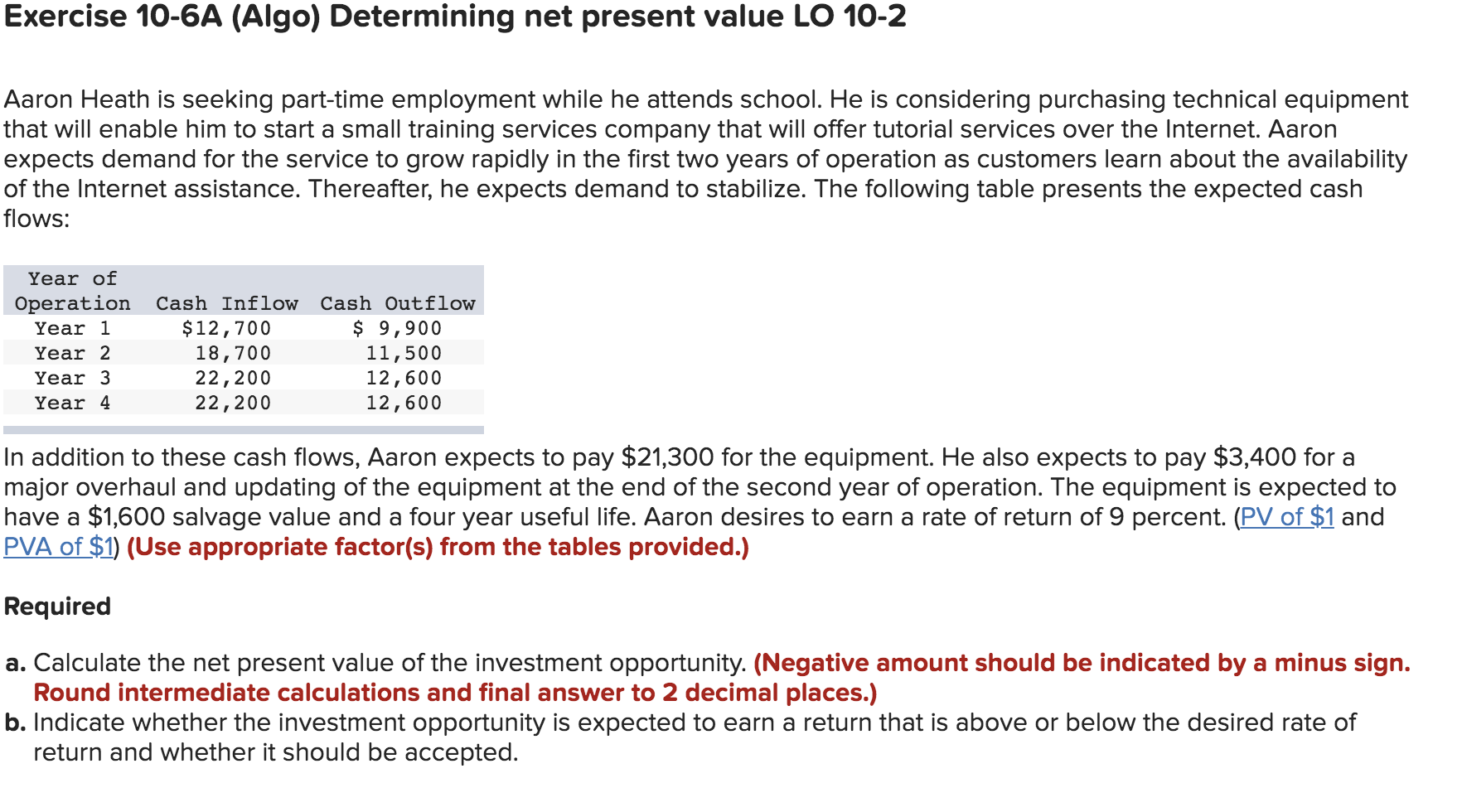 Exercise 10-6A (Algo) Determining net present value LO 10-2 Aaron Heath
