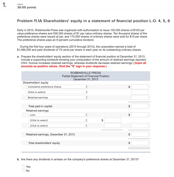 1. value 30.00 points Problem 11.1A Shareholders' equity in a statement