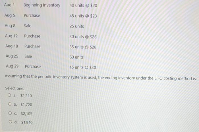  Aug 1 Beginning Inventory 40 units @ $20 Aug 5 Purchase