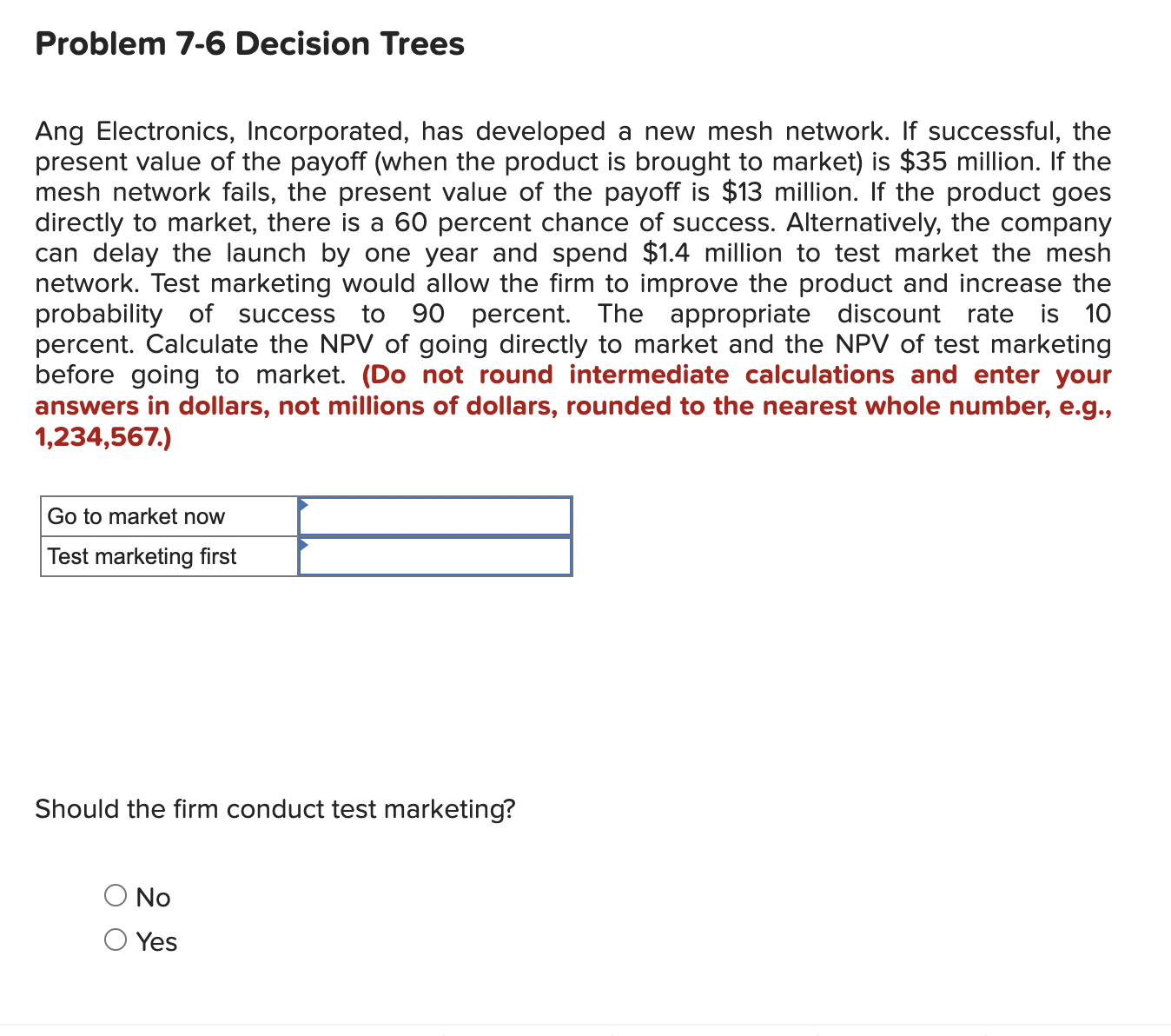  Problem 7-6 Decision Trees Ang Electronics, Incorporated, has developed a new