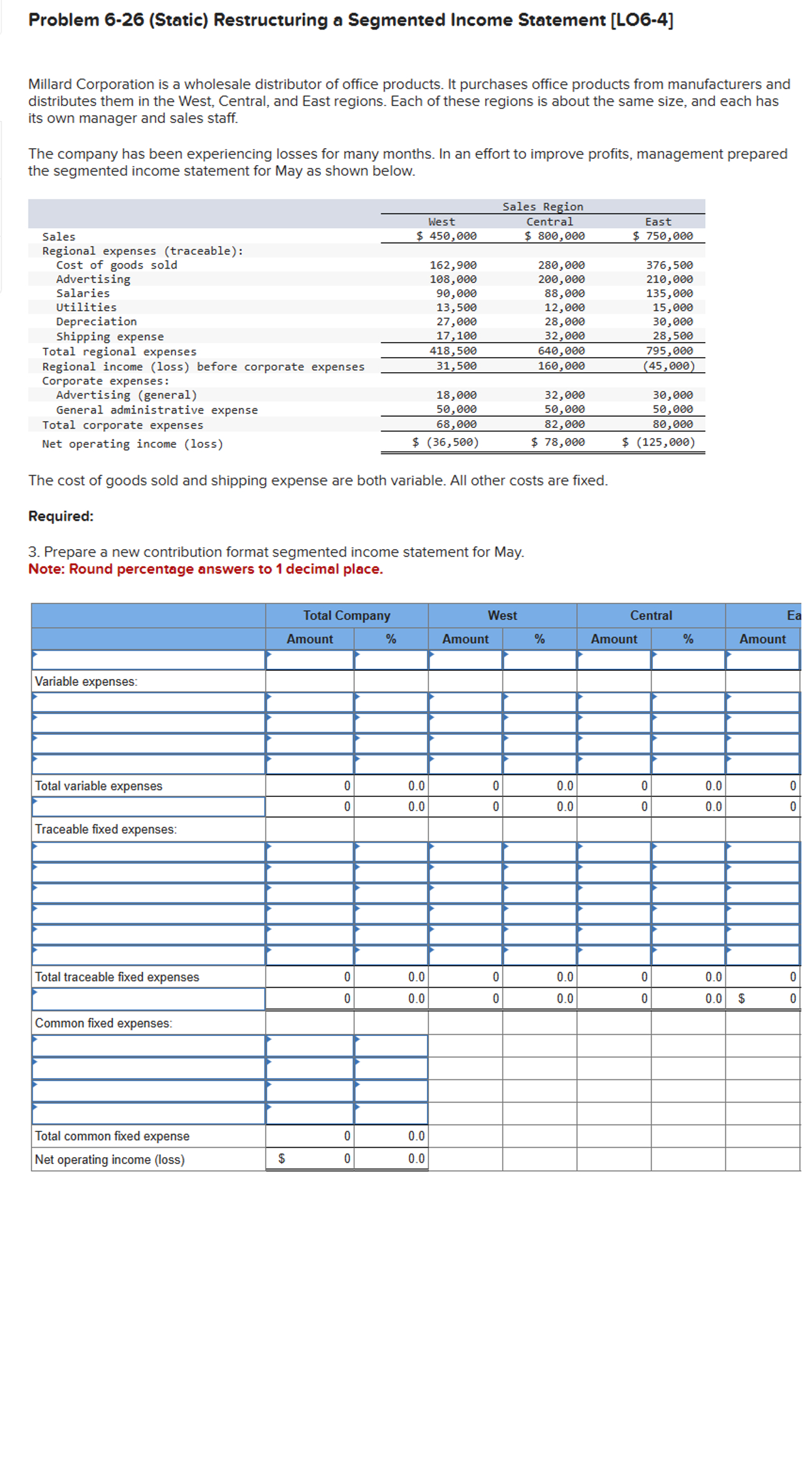  Problem 6-26(Static) Restructuring a Segmented Income Statement [L06-4] Millard Corporation is