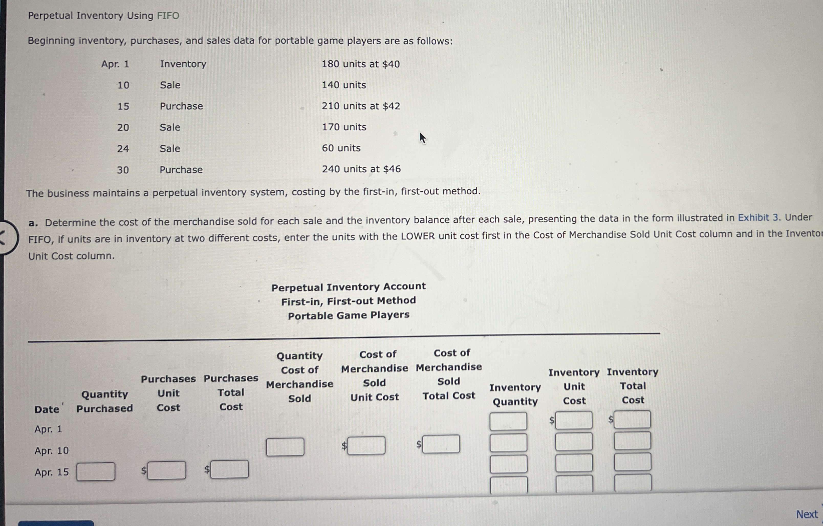  Perpetual Inventory Using FIFO Beginning inventory, purchases, and sales data for