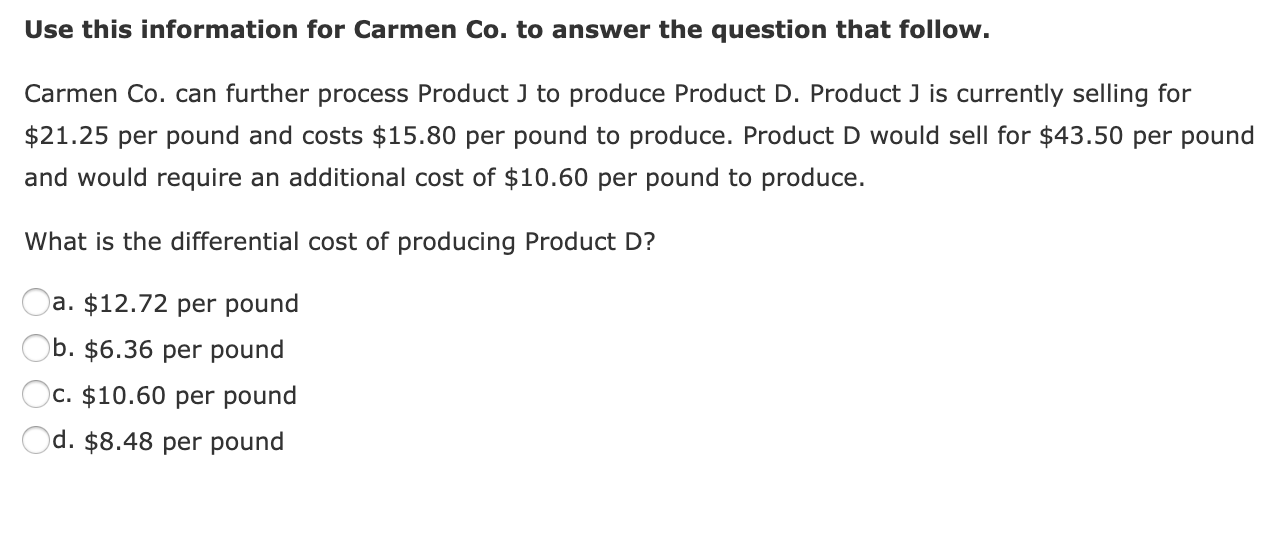 Use this information for Carmen Co. to answer the question that