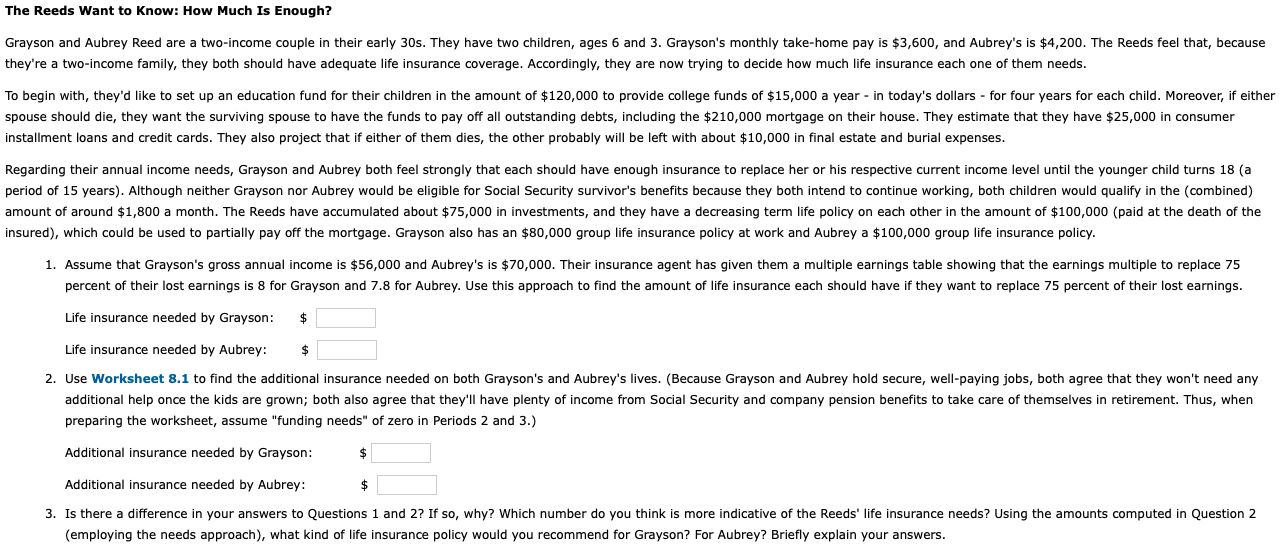 This is a multi-part question based on the insurance. The Reeds Want