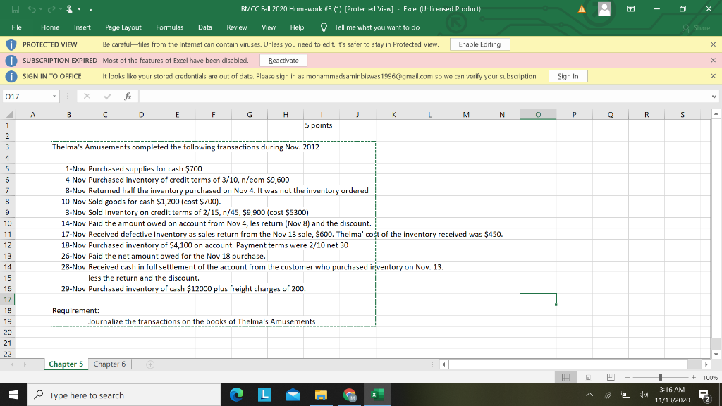  BMCC Fall 2020 Homework #3 (1) (Protected View] - Excel (Unlicensed